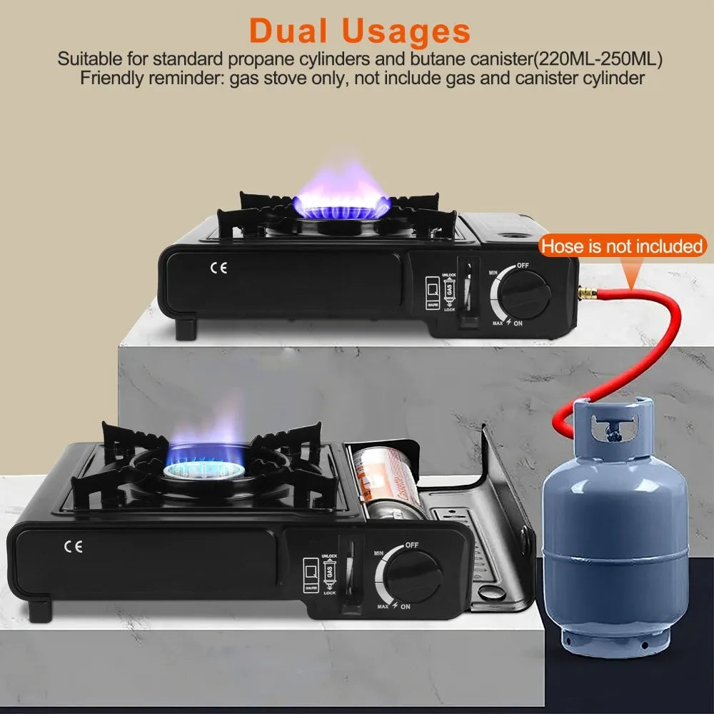 3300W portable camping stove dual fuel burner electric ignition outdoor windproof energy-saving gas stove with automatic fuel tank injection overpressure cut-off portable case suitable for camping, picnicking, traveling, back
