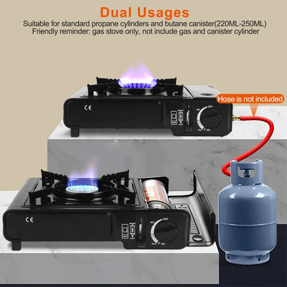 3300W portable camping stove dual fuel burner electric ignition outdoor windproof energy-saving gas stove with automatic fuel tank injection overpressure cut-off portable case suitable for camping, picnicking, traveling, back