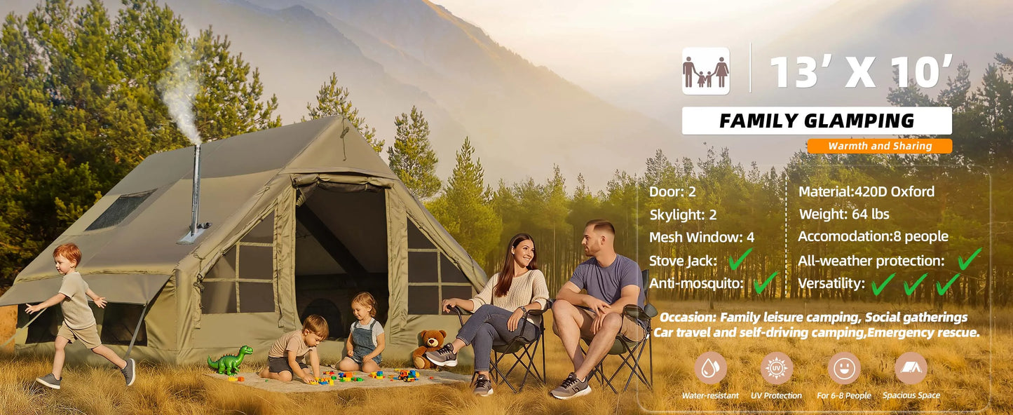 SENLEETO 129 Square Feet Inflatable Glamping Tent 4-8 Person for Camping,4 Season Blow up Tent with Stove Jack&AC Vent,Easy Setup Air Tent with High Pressure Pump