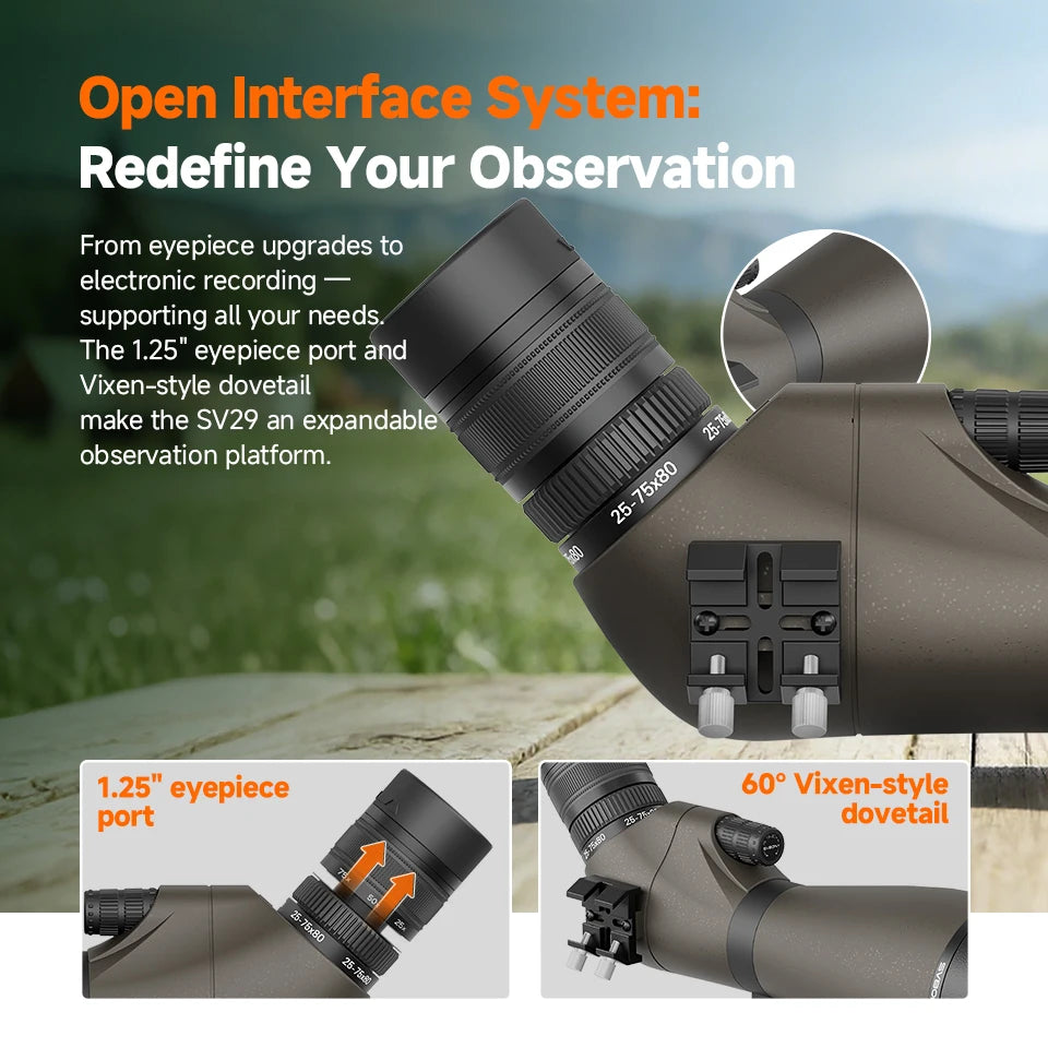 Svbony SV29 Spotting Scope 25-75x80mm FMC 57° Wide Angle Removable 1.25" Eyepiece Telescope for Target Shooting Archery