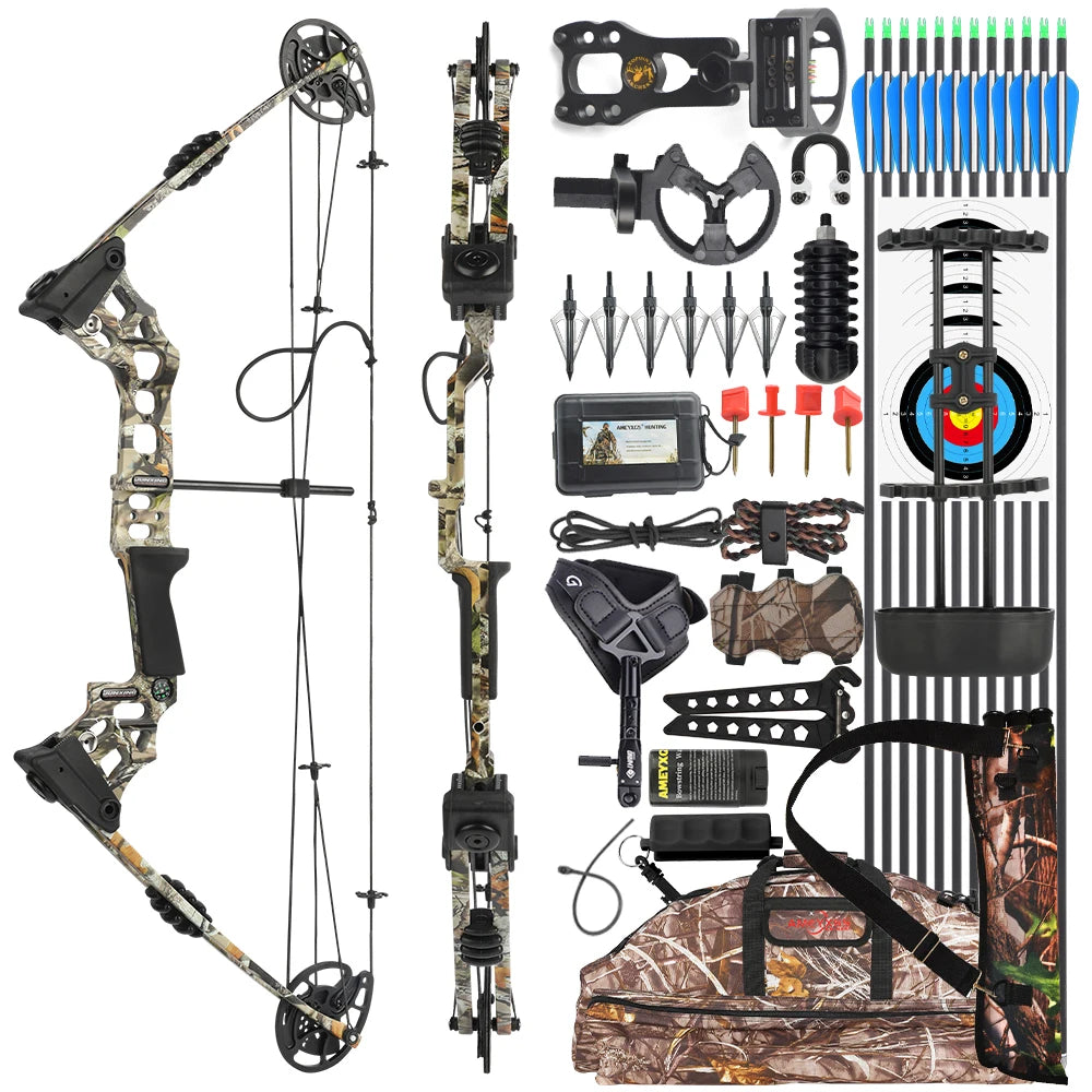 Compound Bow Arrow Set with Spine 500 Carbon Arrows 20-70lbs Adjustable Draw Weight 320FPS High-Strength Alloy Handle RH/LH for Adults Beginners Hunting Shooting Target Practice Outdoor Sports Accessories
