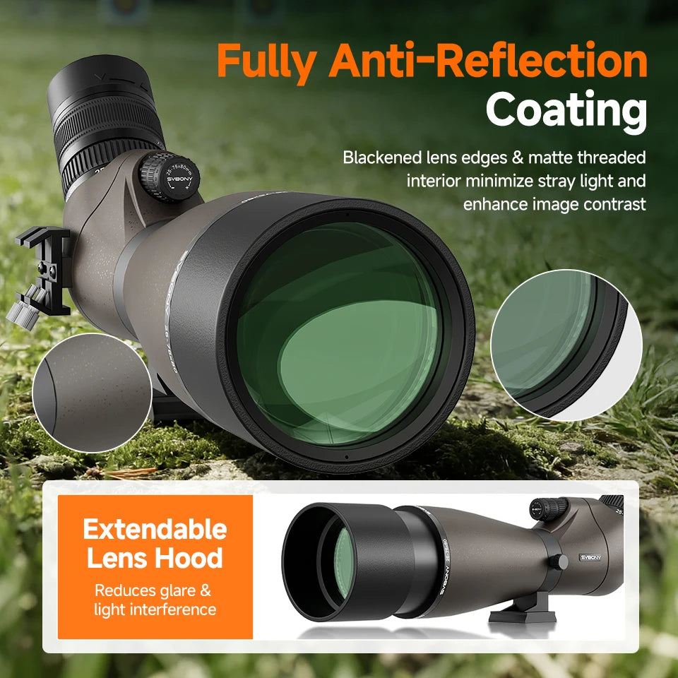Svbony SV29 Spotting Scope 25-75x80mm FMC 57° Wide Angle Removable 1.25" Eyepiece Telescope for Target Shooting Archery