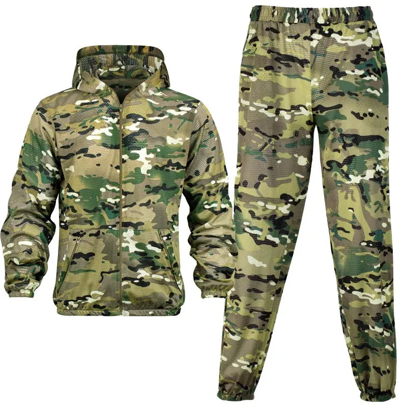 Men Fishing Hiking Sets Outdoor Tactical Mesh Hoodie Mosquito-Proof Set Camping Jacket Elastic Waistband Hunting Pants Men Kids