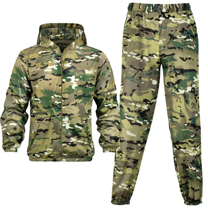 Men Fishing Hiking Sets Outdoor Tactical Mesh Hoodie Mosquito-Proof Set Camping Jacket Elastic Waistband Hunting Pants Men Kids