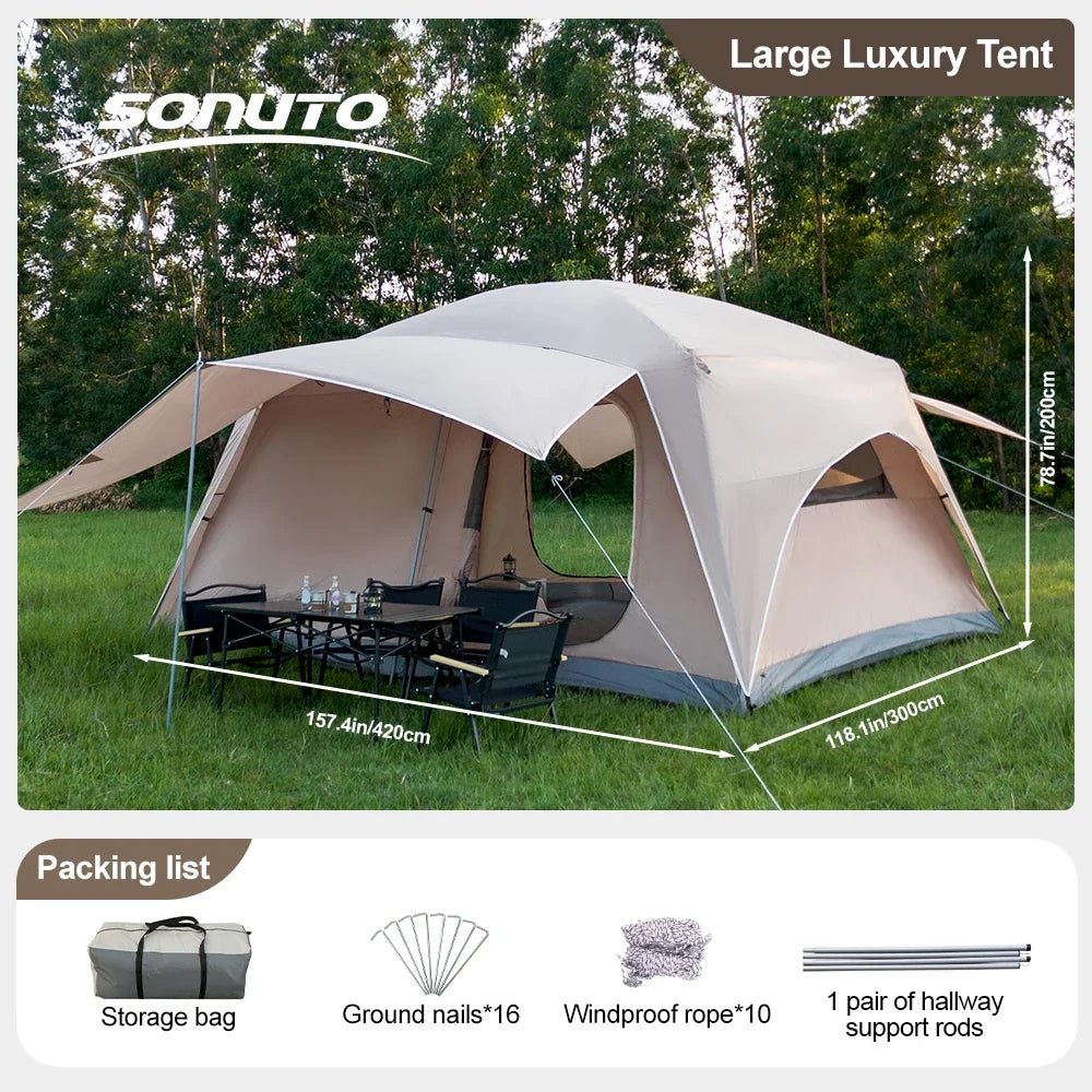 8-12 Person 2 Room Instant Cabin Tent Waterproof Windproof Family Camping Tent with Sun Protection Mosquito Net Large Outdoor