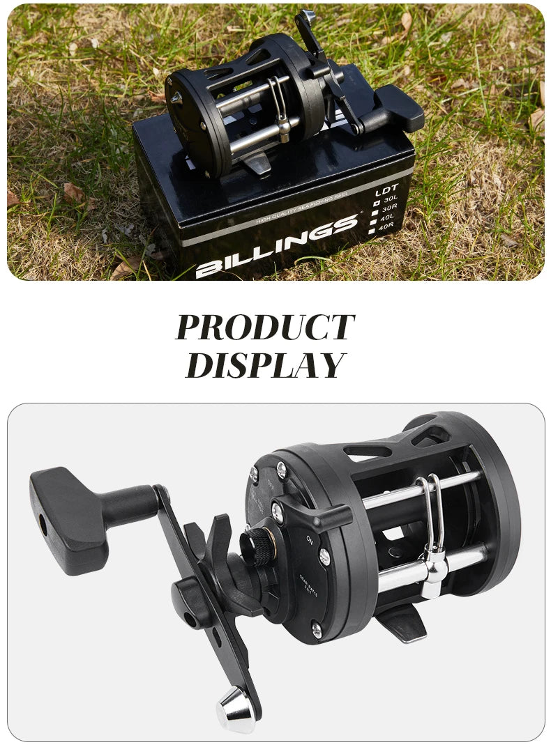 BILLINGS Trolling Drum Fishing Reels 33LB Max Drag 3.8:1 Gear Ratio High Toughness Body Freshwater & Saltwater Universal Bait Caster Fishing Reel