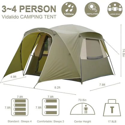 4-Person Double Layer Waterproof Family Tent with Mesh Door and Windows for Camping and Hiking