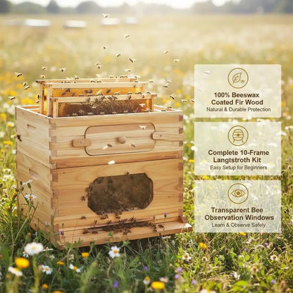 Natural Fir Wood Honey Super 19-7/8" x 16-1/4" x 6-5/8" For Apiary Backyard Orchard, Langstroth Hive 10 Frames Foundations Beeswax Coated Transparent Observation Windows Medium Size Professional Beekeeping Equipment