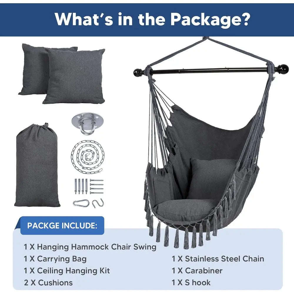 Steel Bar Hammock Swing Chair - Large Seat for Patio, Garden, Bedroom in Gray