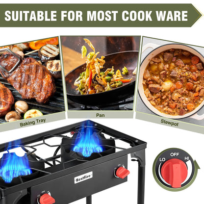 BESTFIRE 2 Burner Camping Stove 150000 BTU High Pressure Outdoor Propane Grill With 4ft 20 PSI Regulator Hose Removable Legs for Backyard Cooking BBQ Picnic Tailgate