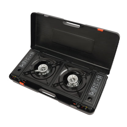 2 Burners Portable Camping Stove, 2.5KW Auto Ignition Butane/LPG Gas Stove w/Baking Tray+Carrying Case for RV Outdoor Picnic BBQ