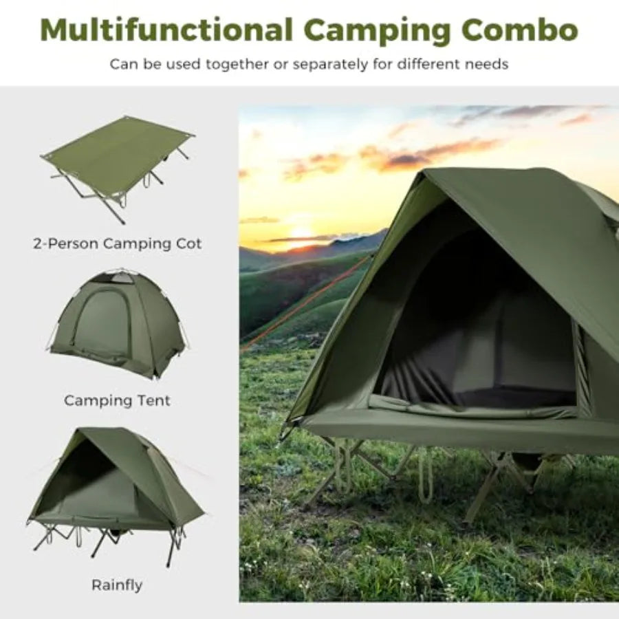 2-Person Tent Cot 3 in 1 Folding Off-Ground Cot Bed Combo with Portable Wheeled Bag Waterproof Rainfly 2 Mesh Doors and Skyligh