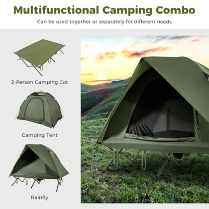 2-Person Tent Cot 3 in 1 Folding Off-Ground Cot Bed Combo with Portable Wheeled Bag Waterproof Rainfly 2 Mesh Doors and Skyligh