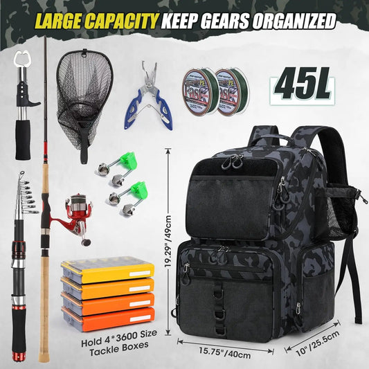 Waterproof Fishing Backpack with Rod Holders and Rain Cover, Large Tackle Storage for Gear