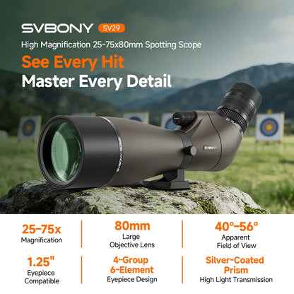 Svbony SV29 Spotting Scope 25-75x80mm FMC 57° Wide Angle Removable 1.25" Eyepiece Telescope for Target Shooting Archery