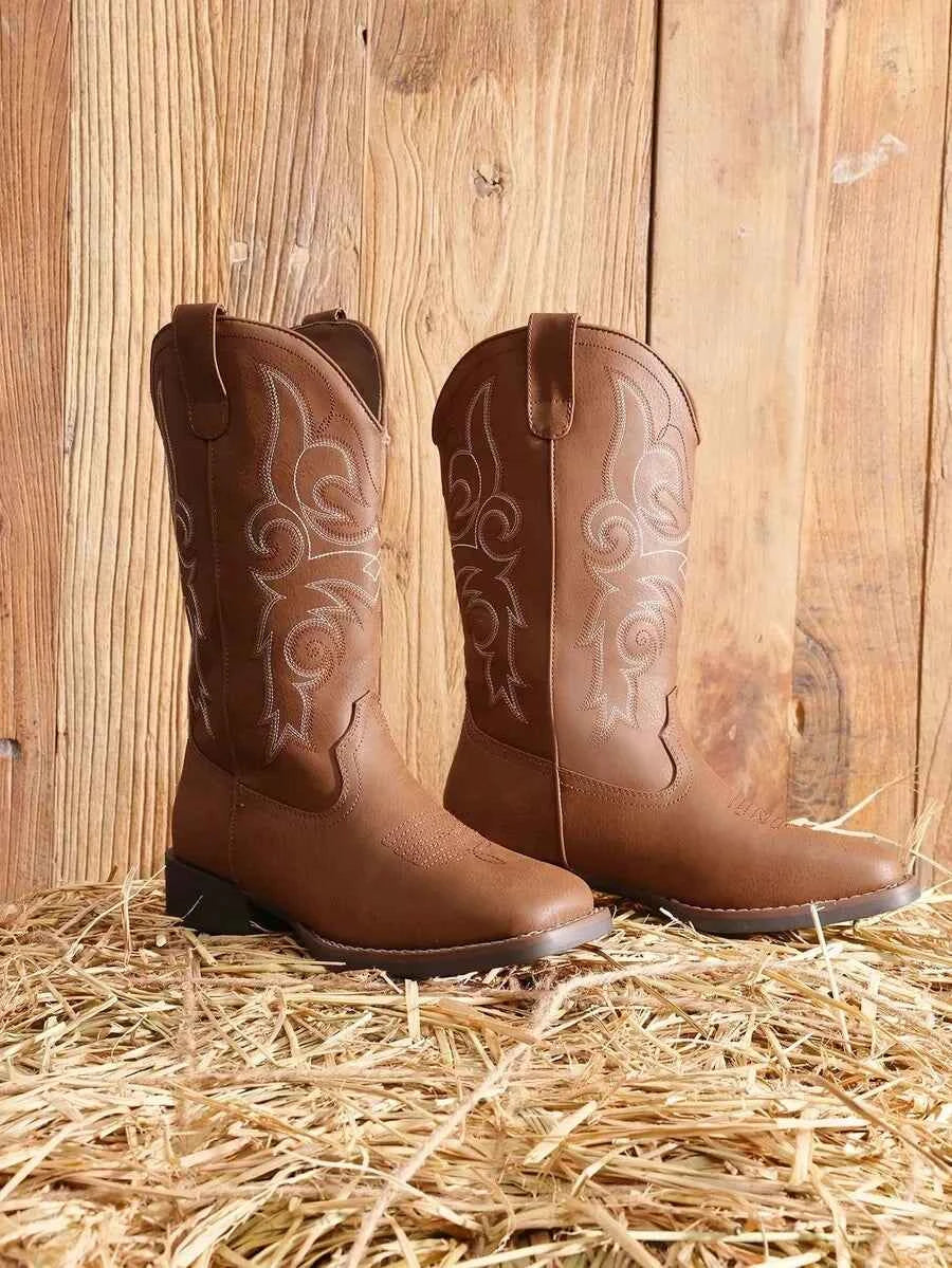 Womens Western Cowboy Boots Embroidered Square Toe Chunky Low Heel Mid Calf Fashion