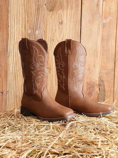 Womens Western Cowboy Boots Embroidered Square Toe Chunky Low Heel Mid Calf Fashion