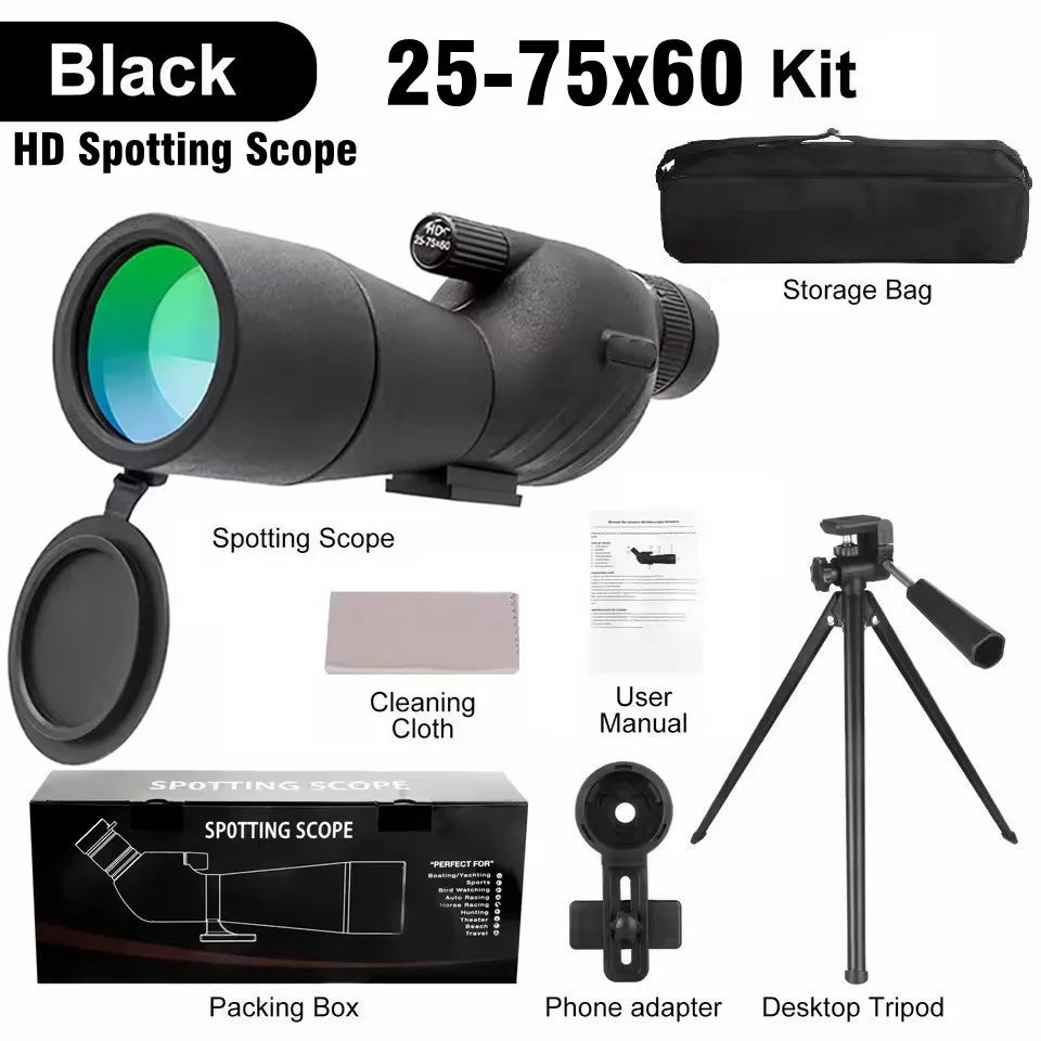 25-75x60 Telescope Spotting Scope Powerful Zoom Monocular FMC BAK4 Waterproof For Bird Watching Target Shotting With Tripod