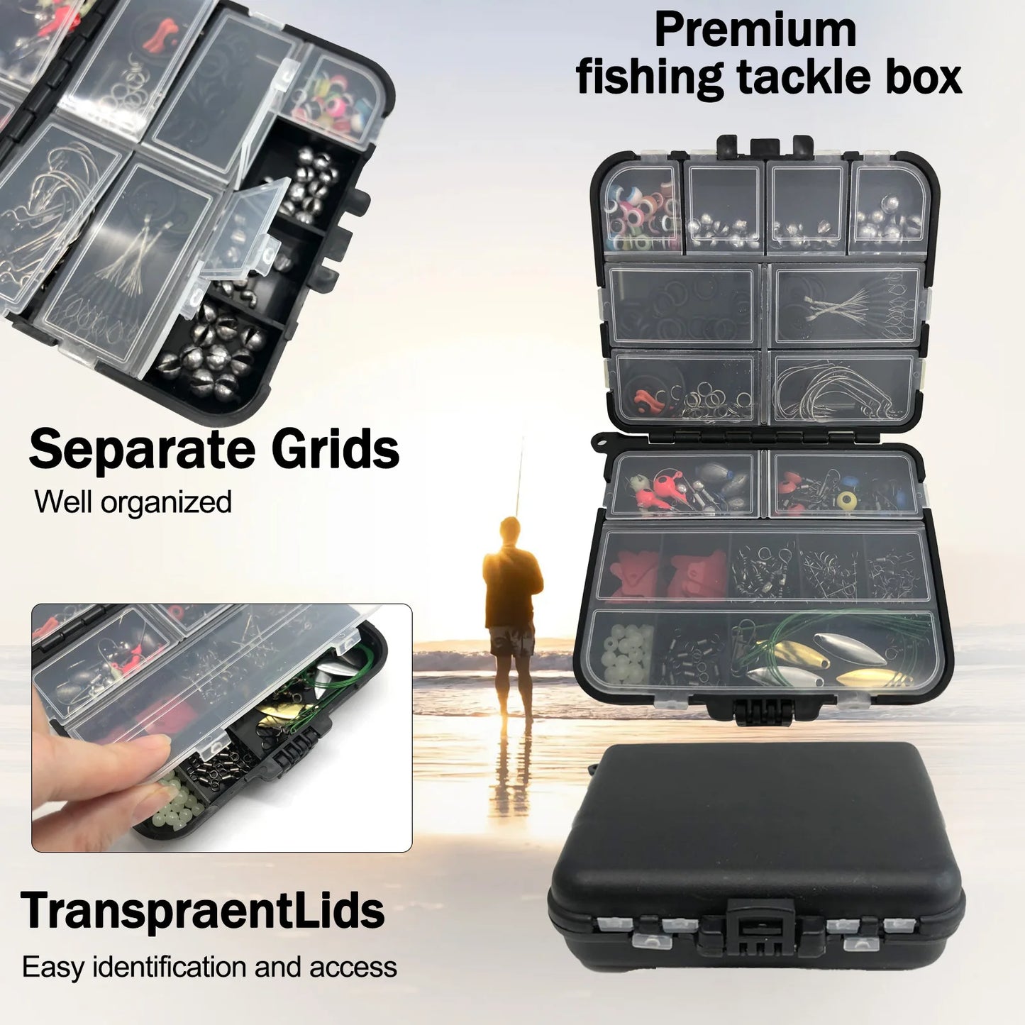 170-410pcs Professional Fishing Kit with Tackle Box,Hooks Sinkers Swivels for Bass Trout Saltwater Fishing | Premium Rust-Proof