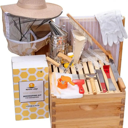 Honey Lake 10 Frame Beehive Starter Kit and Beekeeping Supplies Tool Kit, Beeswax Coated Assembled Deep Bee Box,