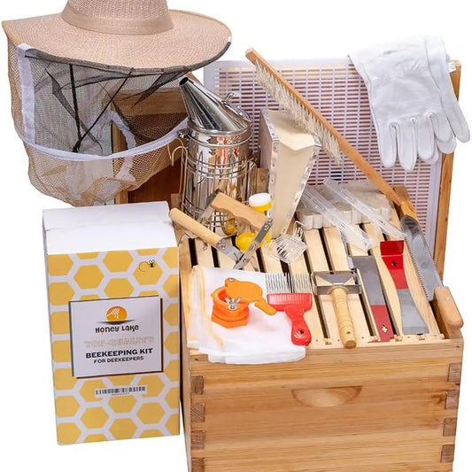 Honey Lake 10 Frame Beehive Starter Kit and Beekeeping Supplies Tool Kit, Beeswax Coated Assembled Deep Bee Box,