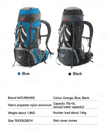 Naturehike 70+5L Backpack Hiking Travel Mountaineering Knapsack Softback Large Capacity Men Waterproof Rucksack With Rain Cover