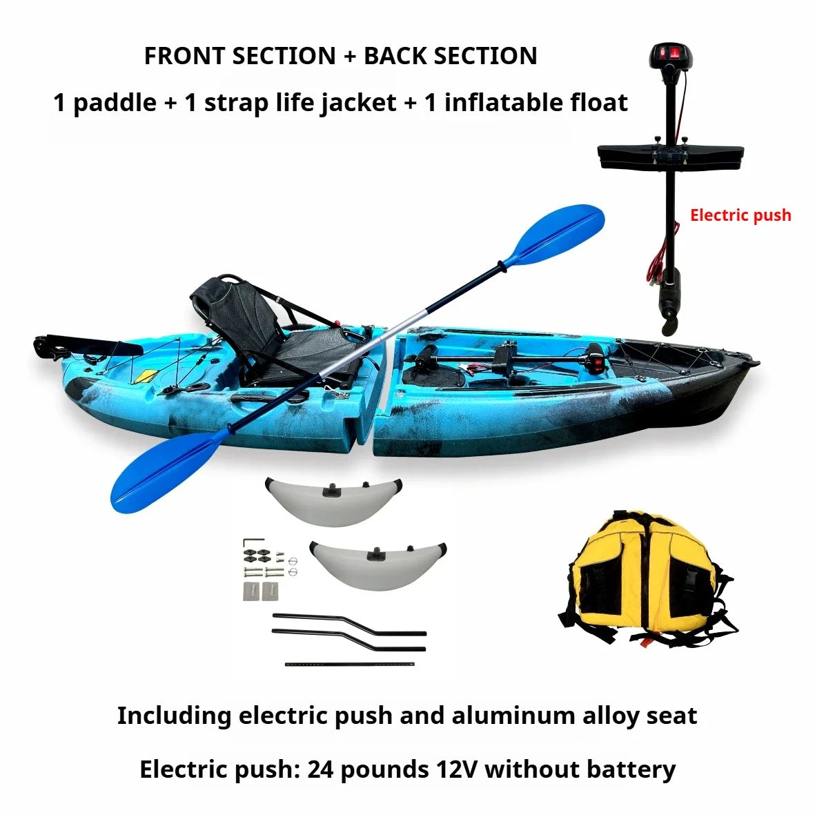Modular Assembly Kayak with Split Hard Shell, Electric/Pedal-Driven Canoe for Solo/Tandem Lake/Sea Adventures, Portable LLDPE