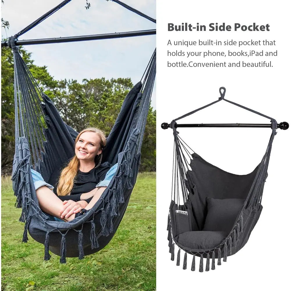 Steel Bar Hammock Swing Chair - Large Seat for Patio, Garden, Bedroom in Gray