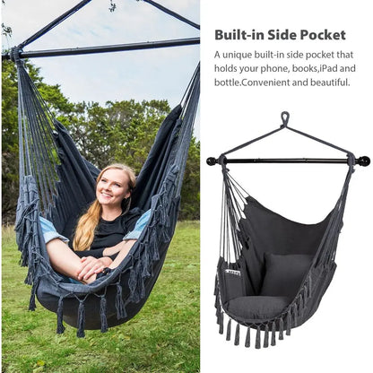 Steel Bar Hammock Swing Chair - Large Seat for Patio, Garden, Bedroom in Gray