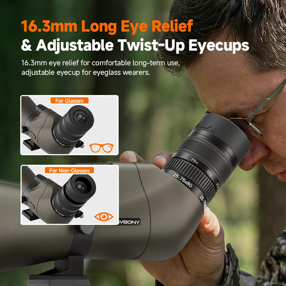 Svbony SV29 Spotting Scope 25-75x80mm FMC 57° Wide Angle Removable 1.25" Eyepiece Telescope for Target Shooting Archery