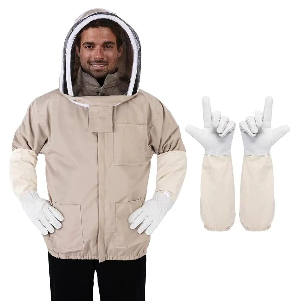 Bee Suit - Beekeeping Jacket for Men & Women - Beekeeper Jacket with Beekeeping Gloves and Veil Hood -Shallow Coffee