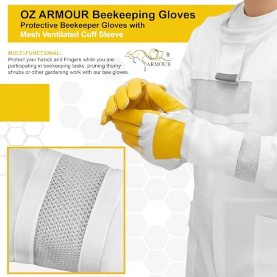 Beekeeping Gloves - Protective Beekeeper Gloves with Mesh Ventilated Cuff Sleeve for Outdoor Activities
