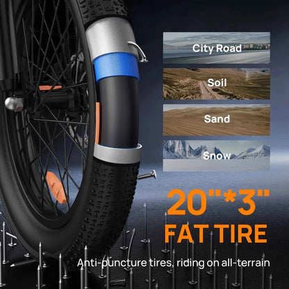 URLIFE 1000W E20 Electric Bike | 48V 13Ah Removable Battery, 28MPH, 20''X3" Fat Tire, 7-Speed E-Bike with Dual Disc Brake