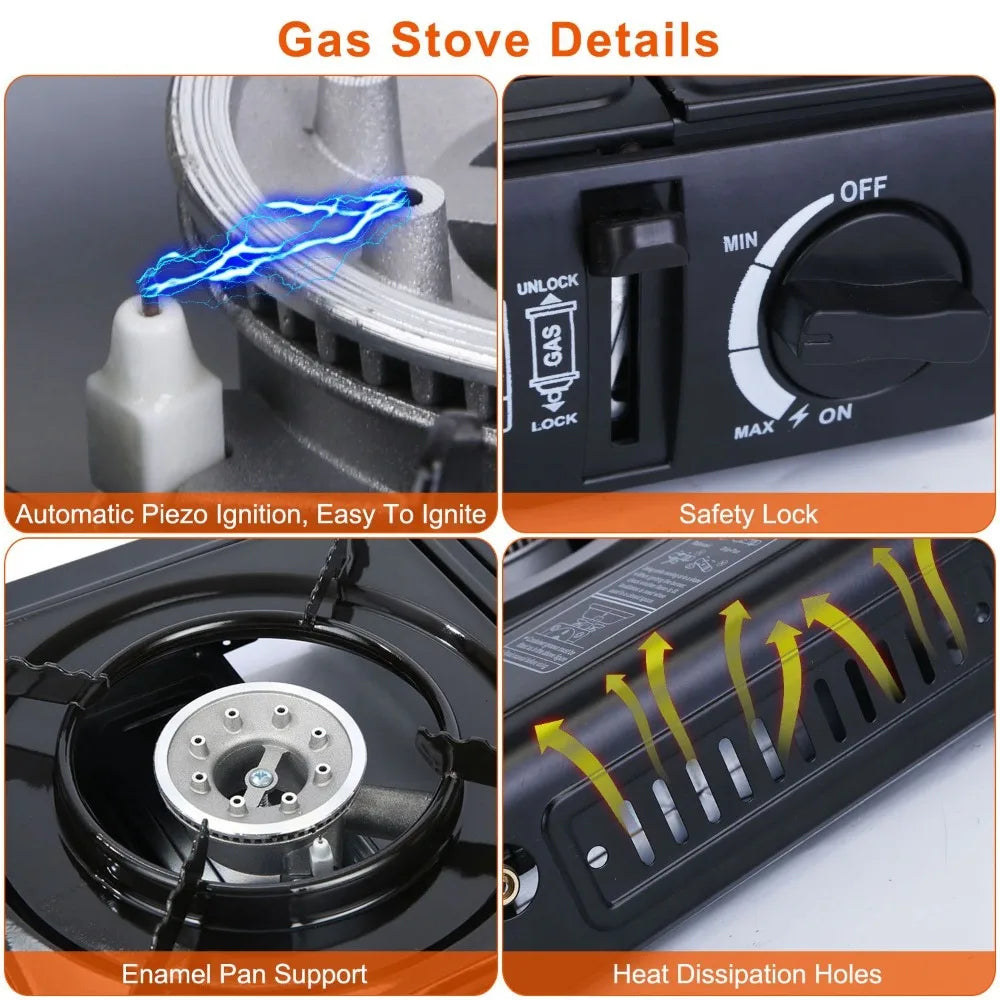 3300W portable camping stove dual fuel burner electric ignition outdoor windproof energy-saving gas stove with automatic fuel tank injection overpressure cut-off portable case suitable for camping, picnicking, traveling, back