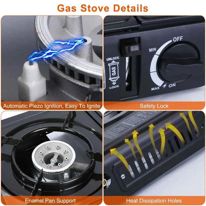3300W portable camping stove dual fuel burner electric ignition outdoor windproof energy-saving gas stove with automatic fuel tank injection overpressure cut-off portable case suitable for camping, picnicking, traveling, back