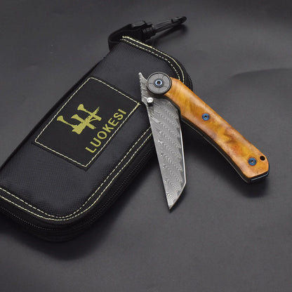 VG10 Damascus Steel Camphor Wood Handle Knife With Back Clip Folding Outdoor Camping Fishing Portable Tools Collecting Gifts EDC