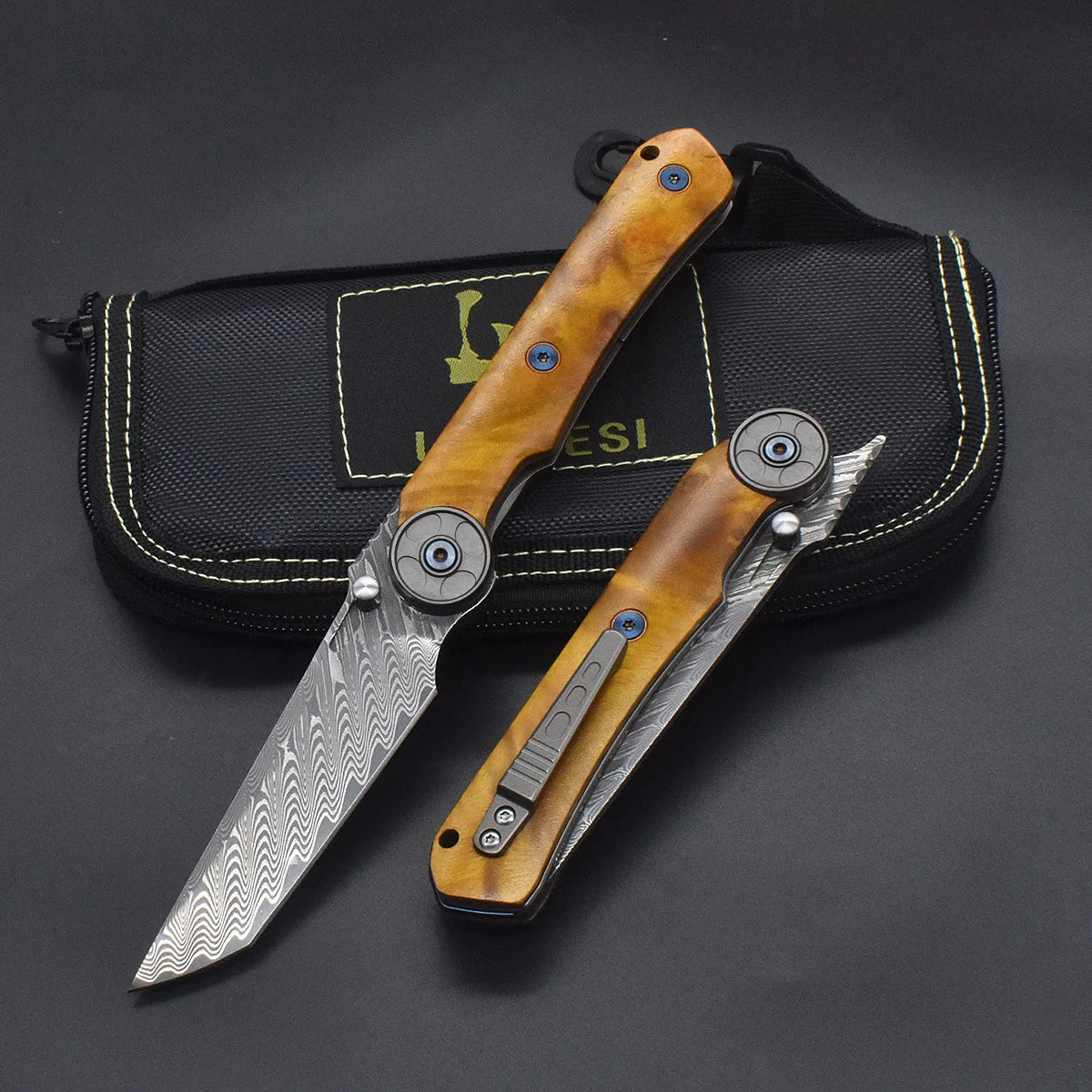 VG10 Damascus Steel Camphor Wood Handle Knife With Back Clip Folding Outdoor Camping Fishing Portable Tools Collecting Gifts EDC
