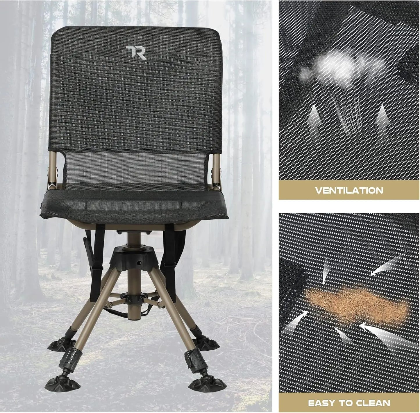 360 Degree Silent Swivel Folding Hunting Chair, Adjustable Height & Legs, 400lbs Capacity, Portable Ground Seat