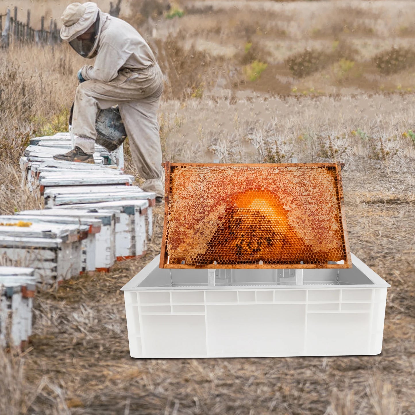 24.41*16.93*7.87in Stainless Steel Honeycomb Uncapping Tray Beekeeping Tools Honey Harvesting Tool Set Honey Collecting Tool Kit