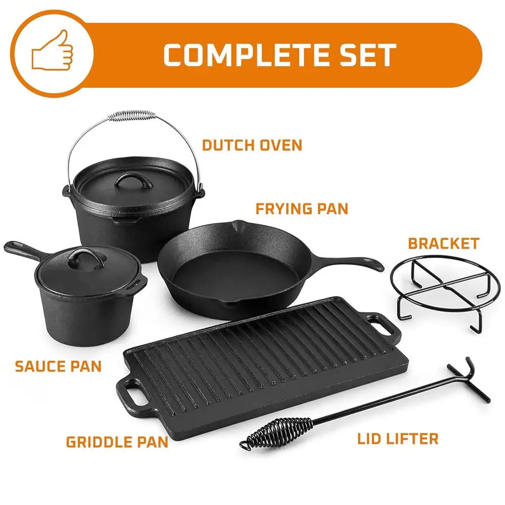 7-Piece Pre-Seasoned Cast Iron Camping Cookware Set with Dutch Oven and Lids for Outdoor Cooking and Grilling