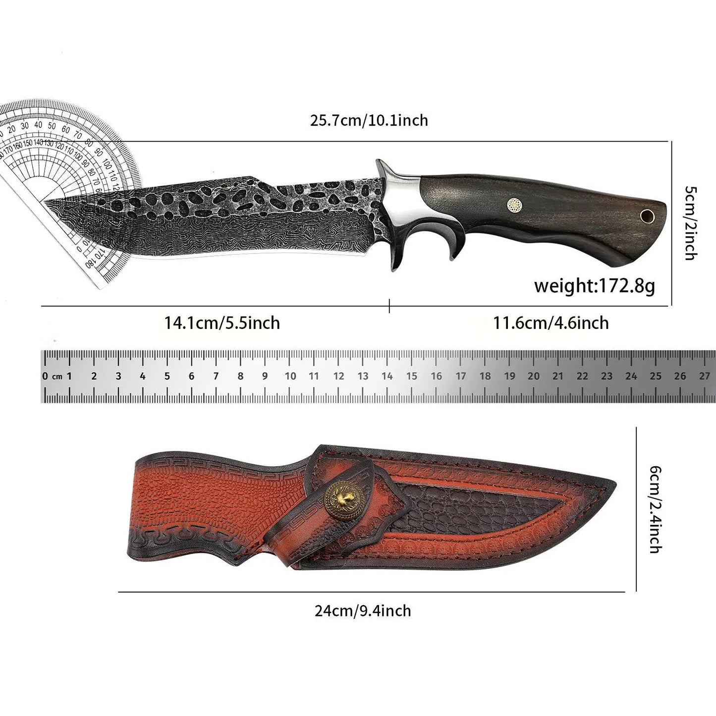 Hand-forged hammered fixed wooden-handled knife, survival knife, camping, with protective cover, D2 steel forged.