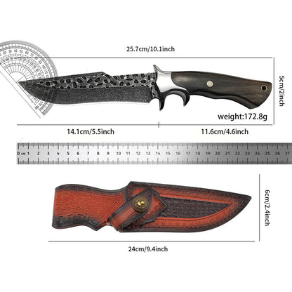 Hand-forged hammered fixed wooden-handled knife, survival knife, camping, with protective cover, D2 steel forged.