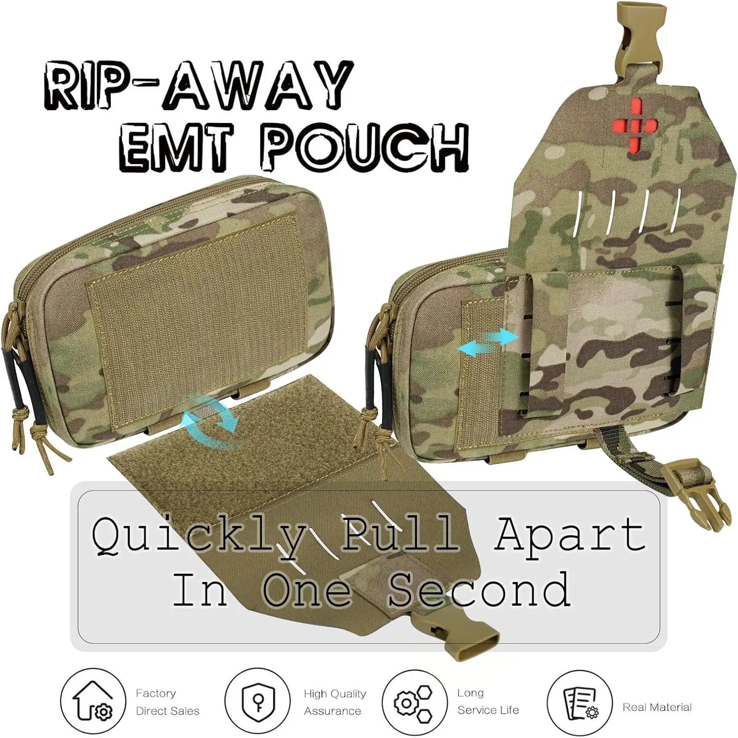 Rapid Deployment Tactical MOLLE Trauma Kit Pouch, Quick Release Tear-Off Medical First Aid Organizer with Red ID for Emergency Survival