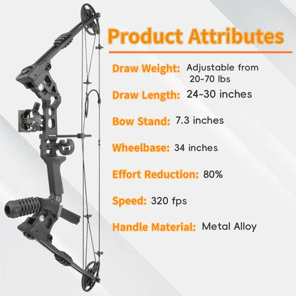Compound Bow Set 20-70lbs Adjustable 320FPS 80% Let-off RH LH for Hunting Target Shooting Archery Practice Use