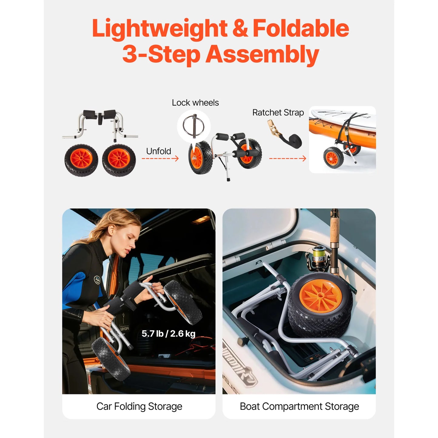 200 lbs Kayak Cart Foldable Kayak Trolley with 10in Solid Tires Paddle Board Trolley for Carrying Canoes Float Mats