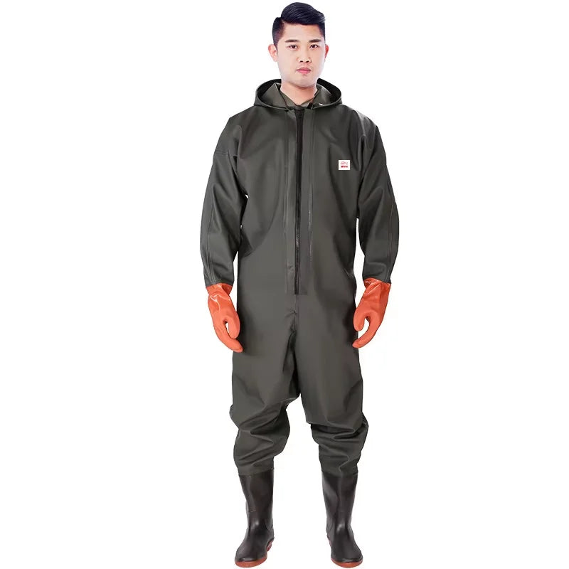 Size 43-47 Hooded Long Sleeve Wader Pants Waterproof Overalls