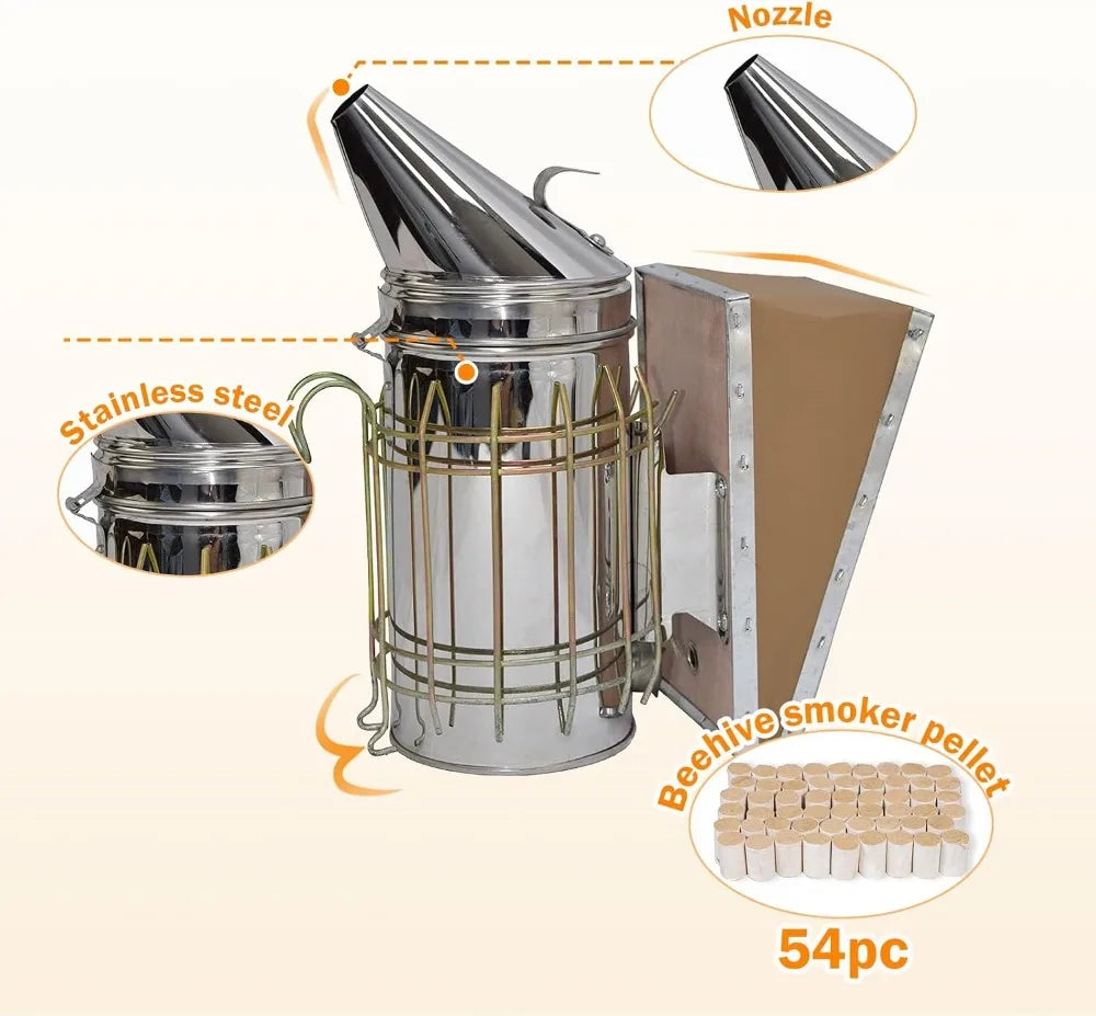 Bee Hive Smoker Kit – Stainless Steel, Heat Shield & 54 Pellets, Beekeeping Essentials for Beginners & Pros