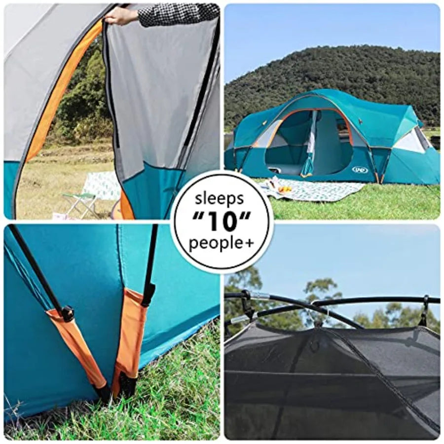Camping Tent 10-Person-Family  5 Large Mesh Windows Double Layer 2 Room Waterproof