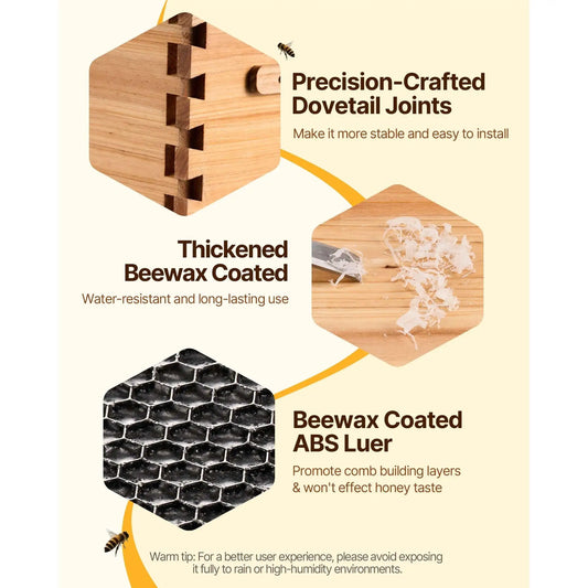 Bee Hive Medium Box Starter Kit Beeswax Coated Natural Fir Wood with 10 Frames Foundations and Transparent Acrylic Windows for beginners and Professional Beekeepers