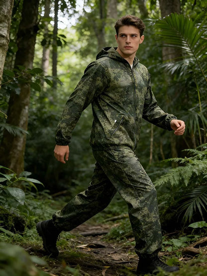 Men Fishing Hiking Sets Outdoor Tactical Mesh Hoodie Mosquito-Proof Set Camping Jacket Elastic Waistband Hunting Pants Men Kids
